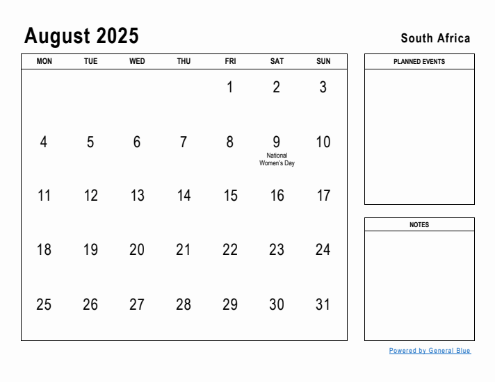 August 2025 Planner with South Africa Holidays
