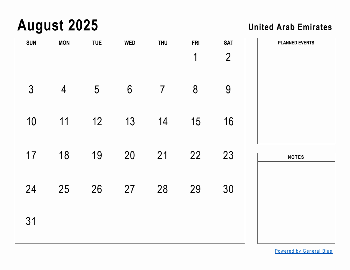 August 2025 Planner with United Arab Emirates Holidays