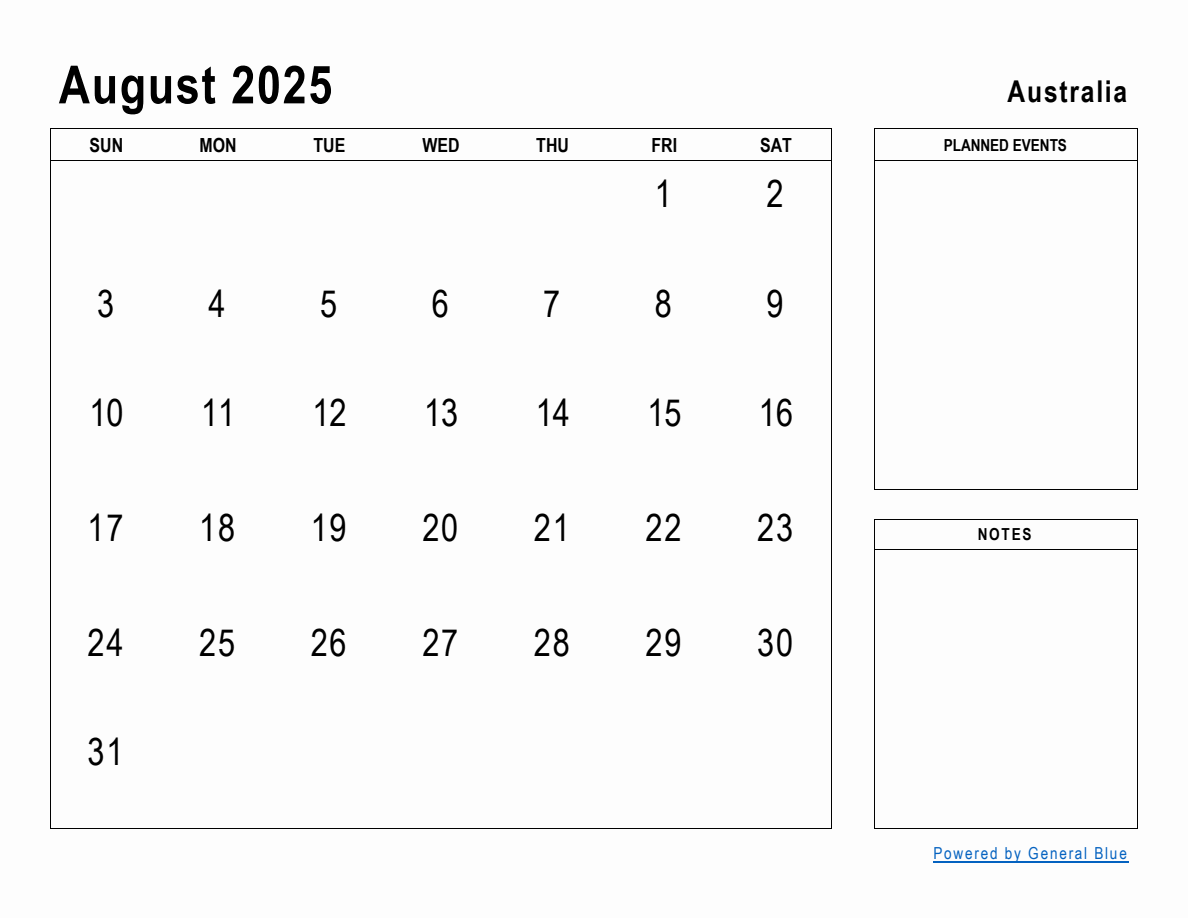 August 2025 Planner with Australia Holidays