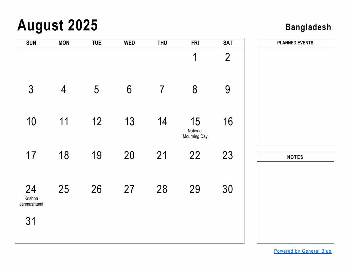 August 2025 Planner with Bangladesh Holidays