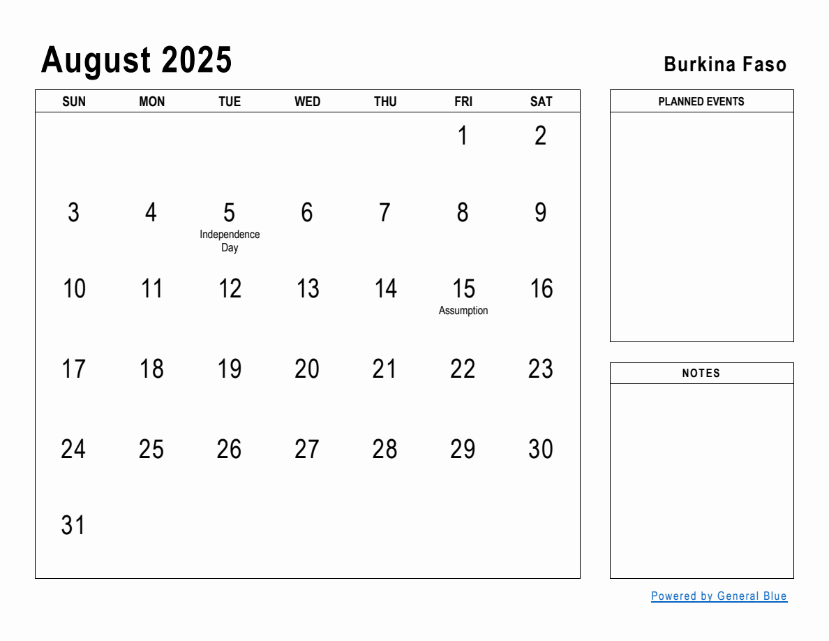 August 2025 Planner with Burkina Faso Holidays