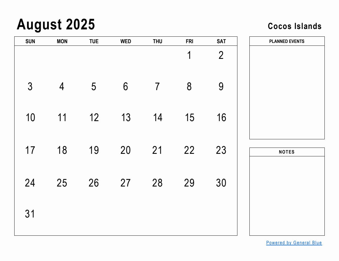 August 2025 Planner with Cocos Islands Holidays