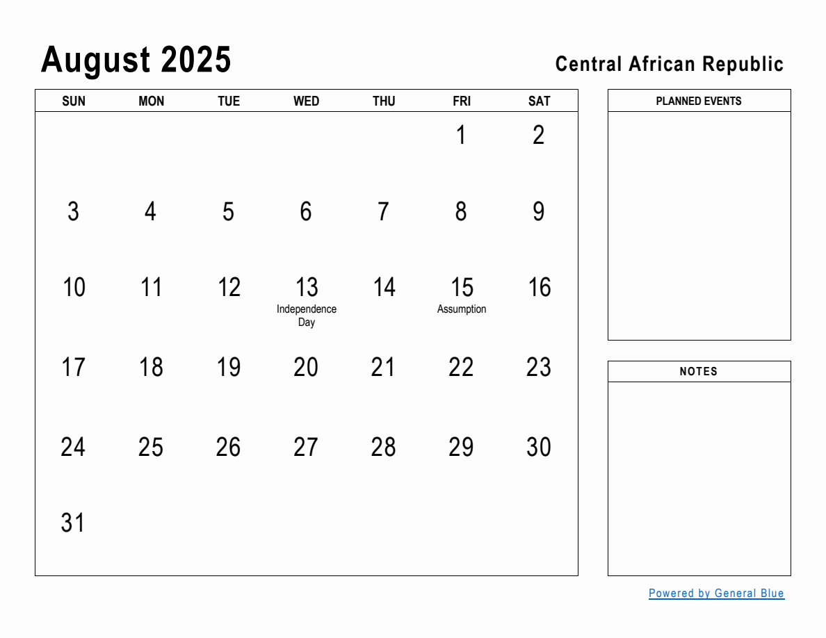 August 2025 Planner with Central African Republic Holidays