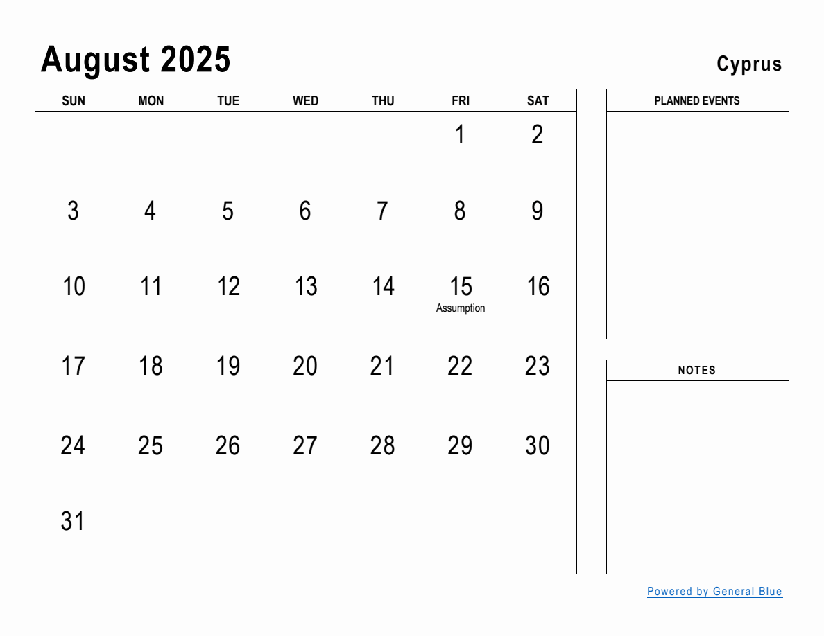 August 2025 Planner with Cyprus Holidays