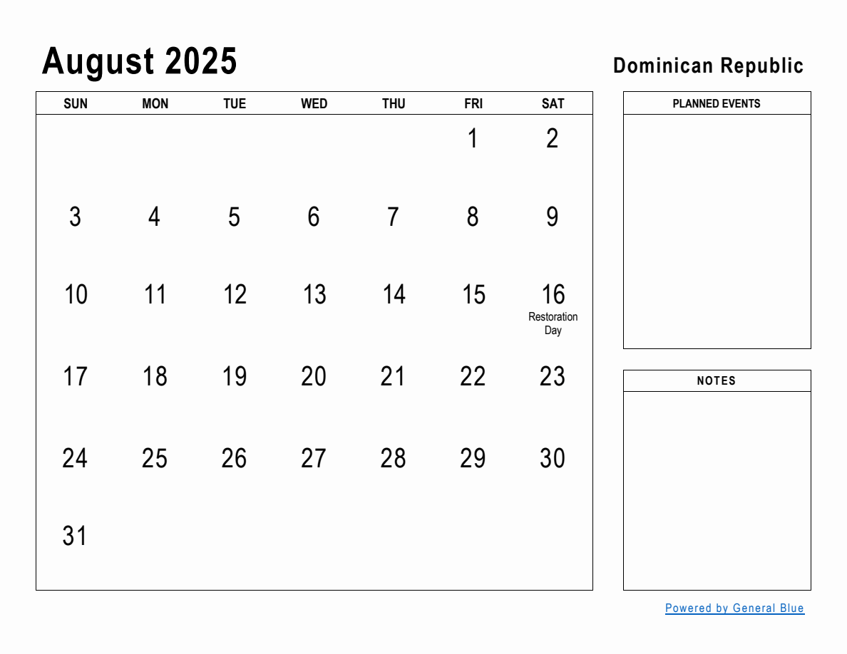 August 2025 Planner with Dominican Republic Holidays