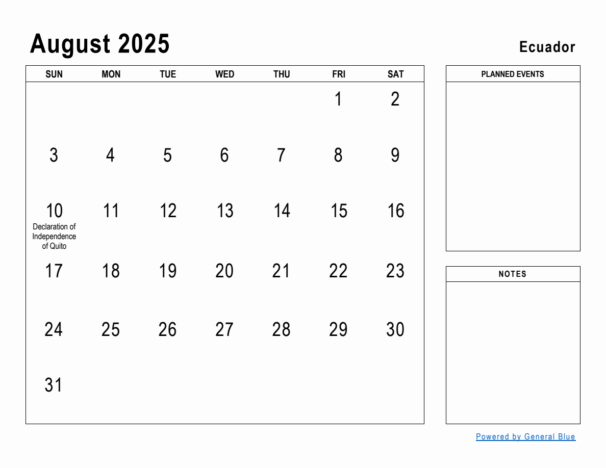 August 2025 Planner with Ecuador Holidays