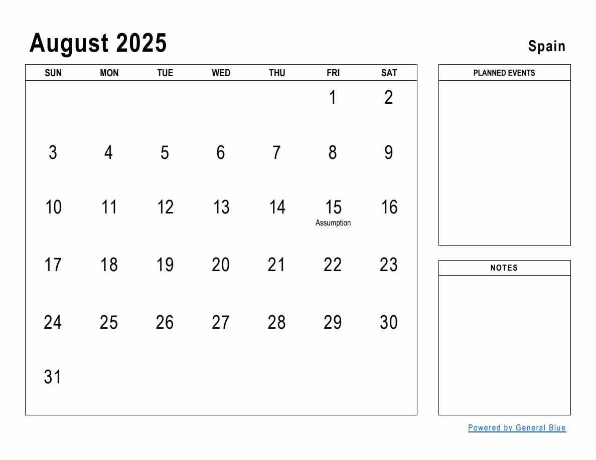 August 2025 Planner with Spain Holidays