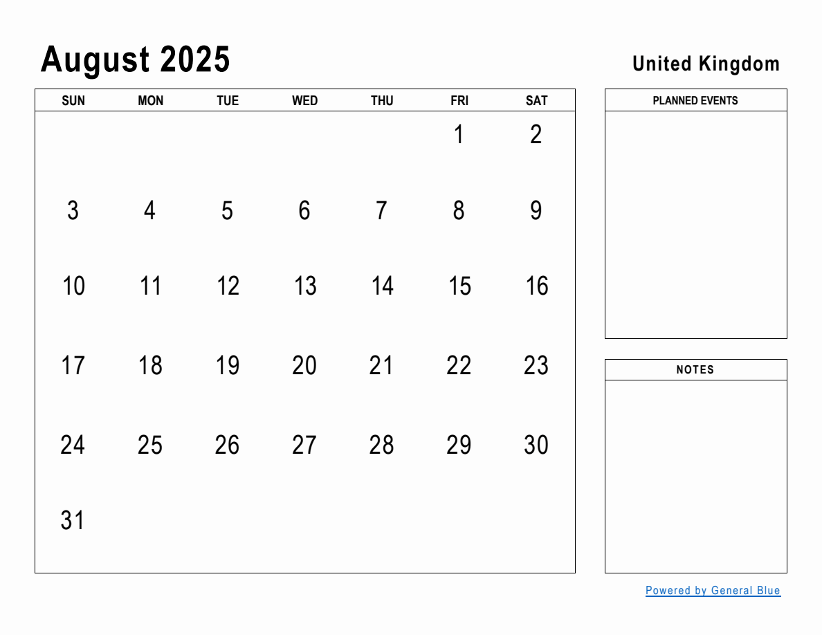 August 2025 Planner with United Kingdom Holidays