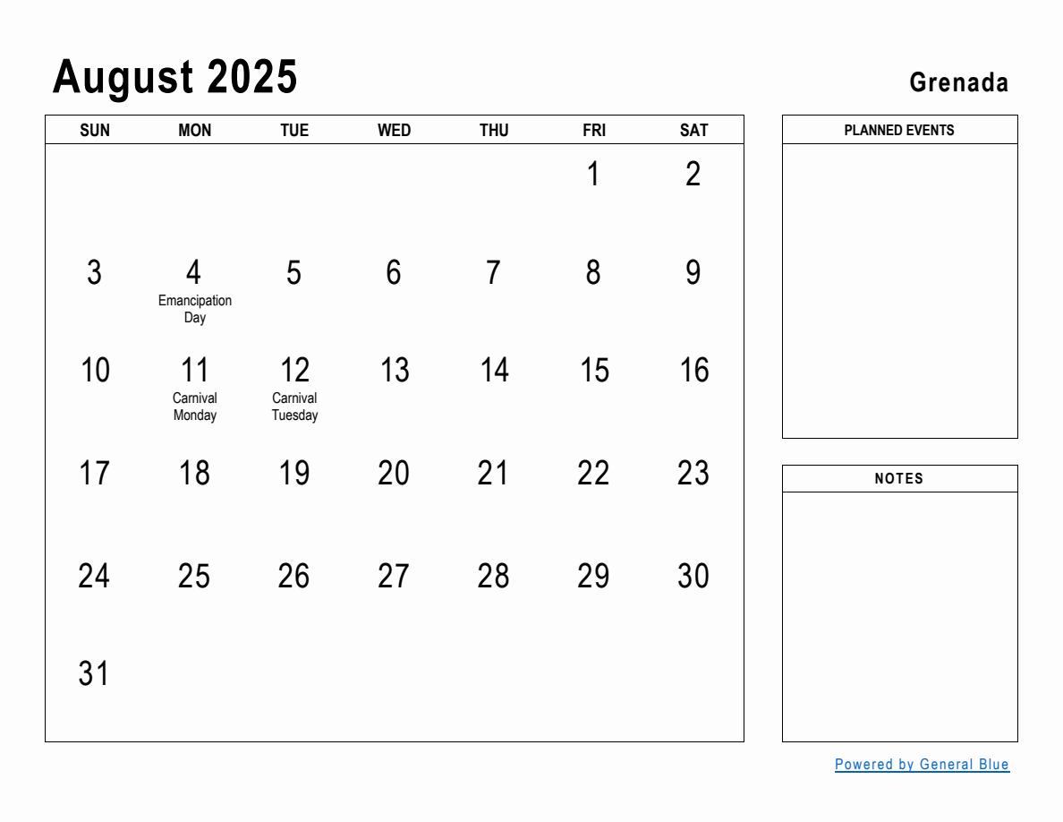 August 2025 Planner with Grenada Holidays