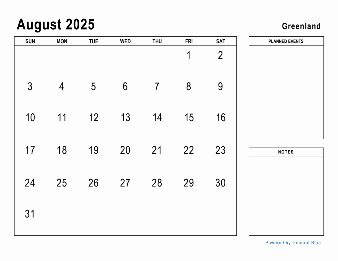 August 2025 Planner with Greenland Holidays