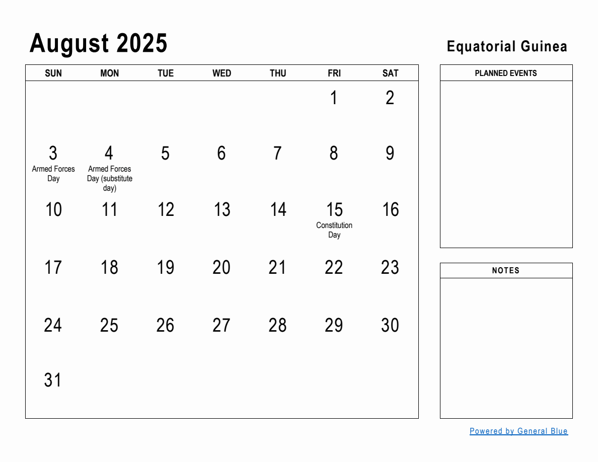 August 2025 Planner with Equatorial Guinea Holidays