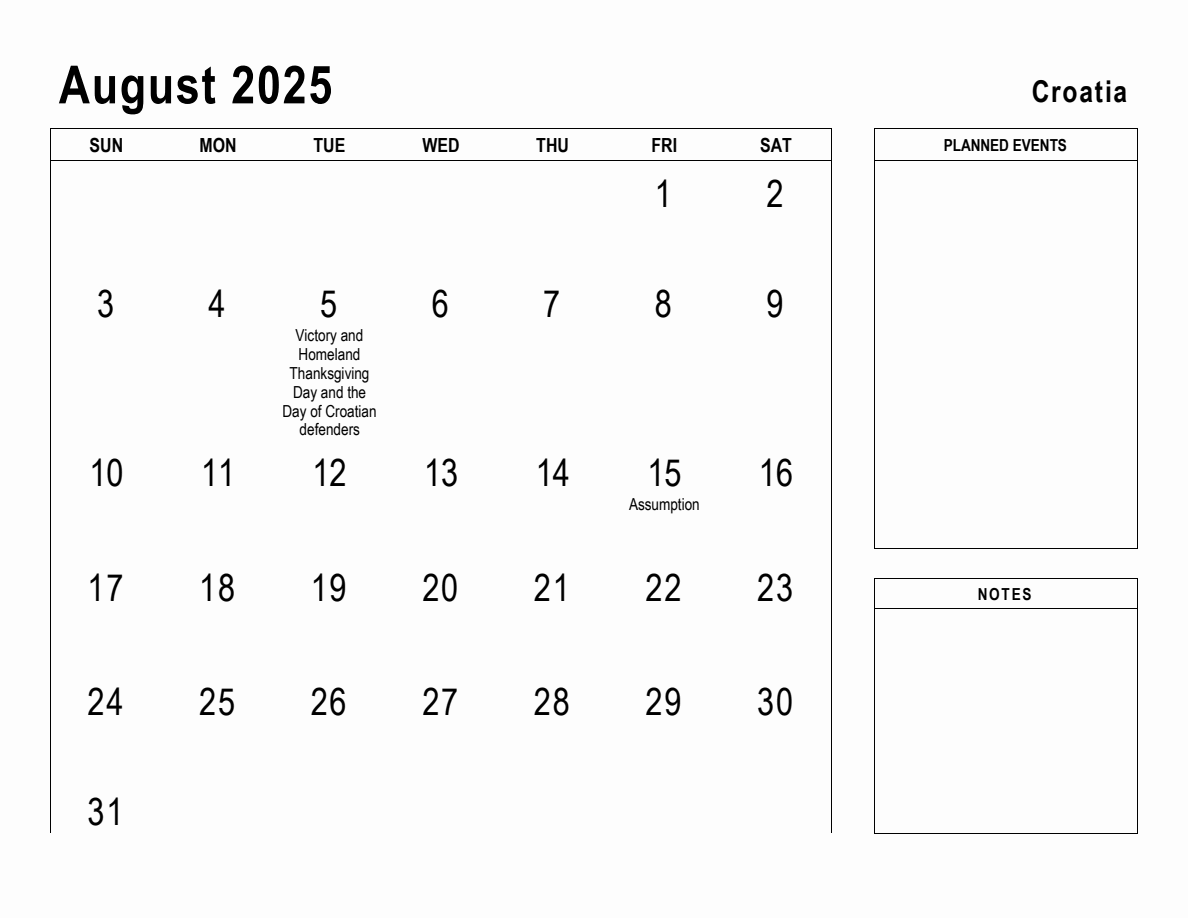 August 2025 Planner with Croatia Holidays