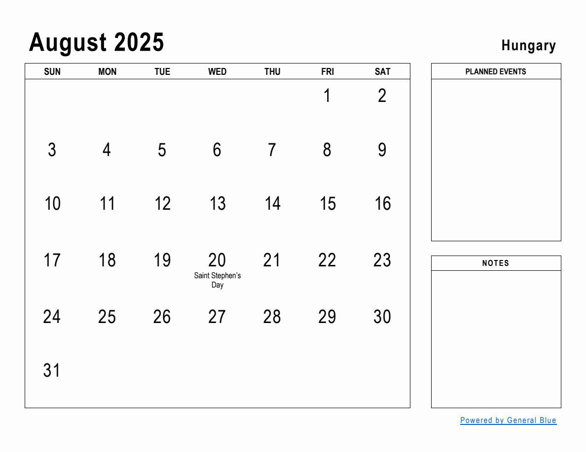 August 2025 Planner with Hungary Holidays