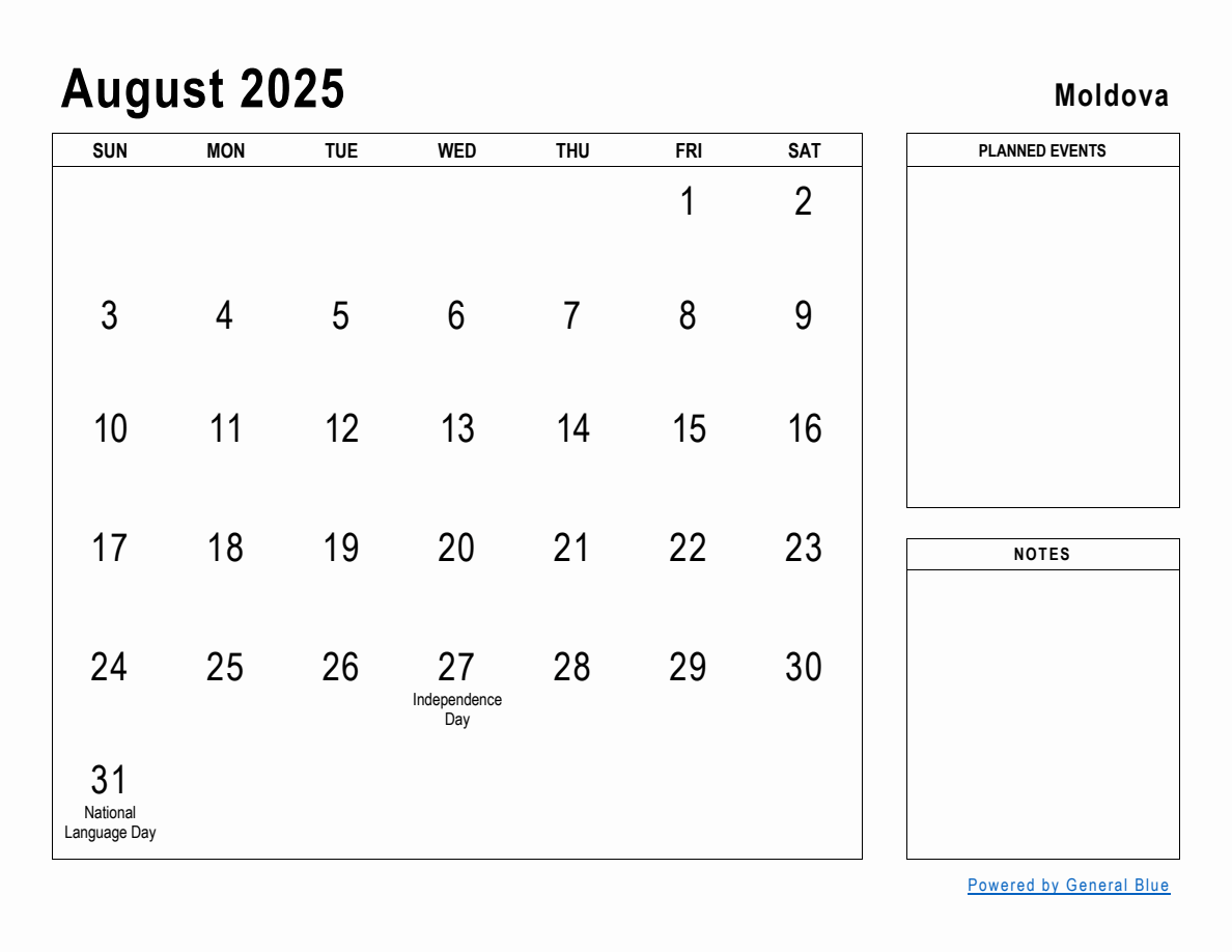 August 2025 Planner with Moldova Holidays