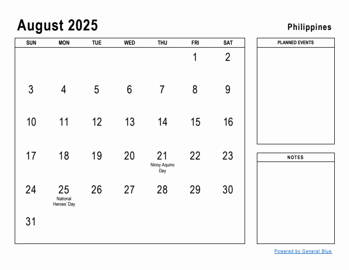 August 2025 Planner with Philippines Holidays