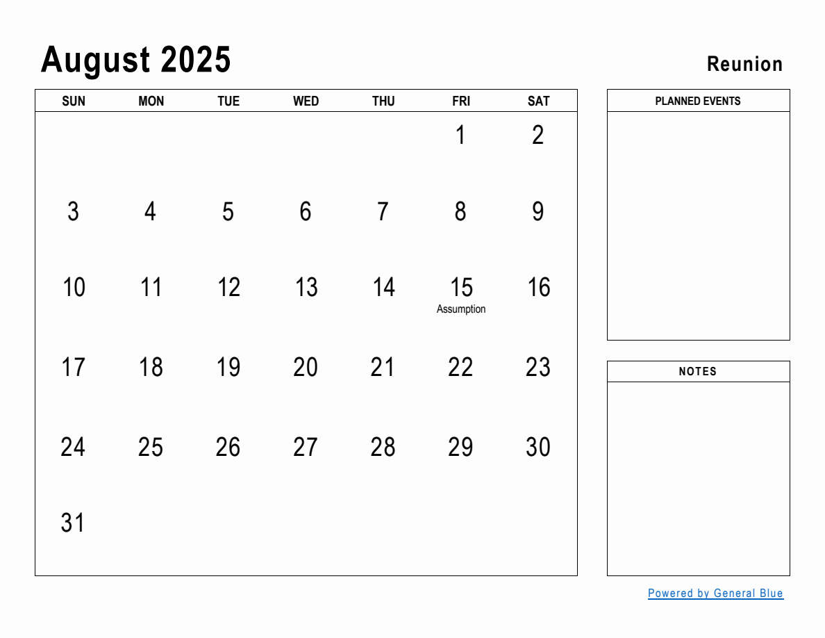 August 2025 Planner with Reunion Holidays