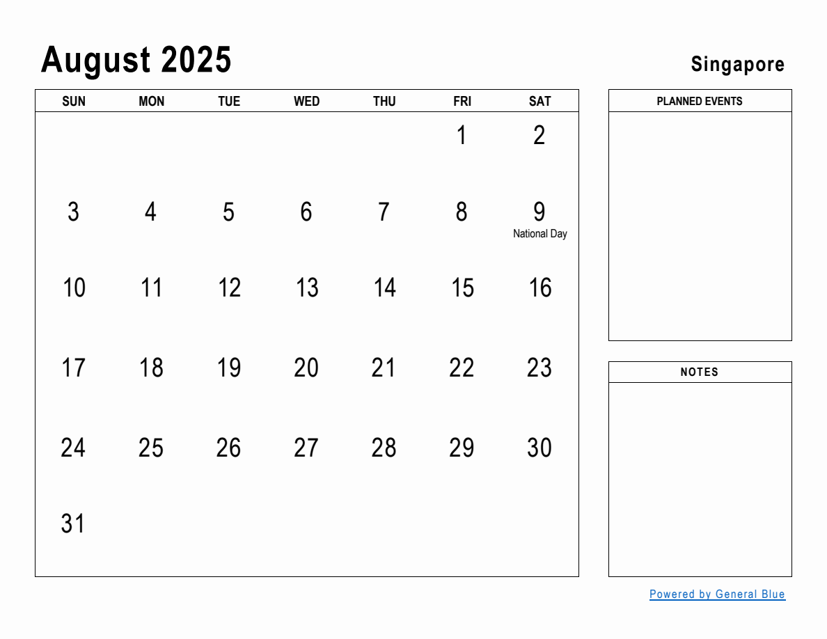 August 2025 Planner with Singapore Holidays