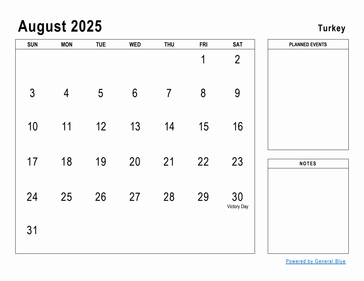 August 2025 Planner with Turkey Holidays