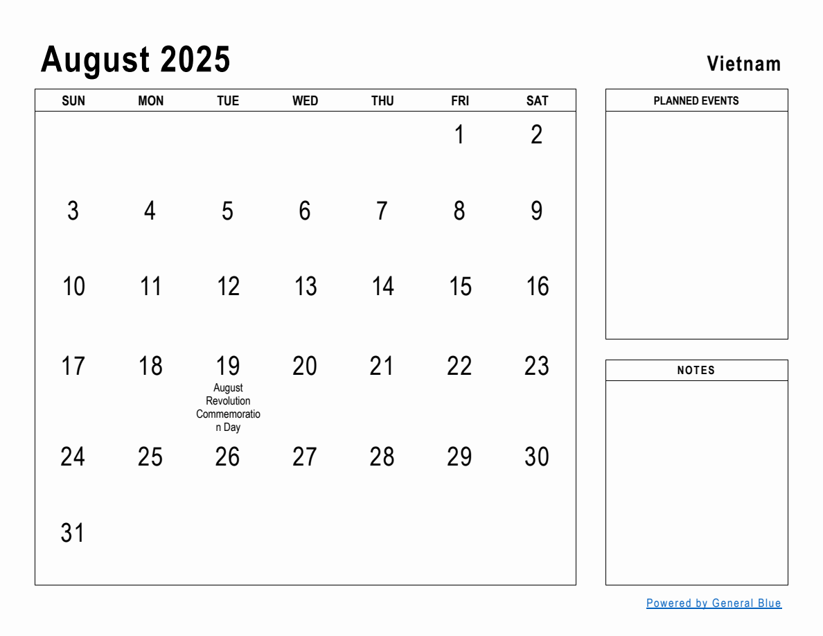 August 2025 Planner with Vietnam Holidays