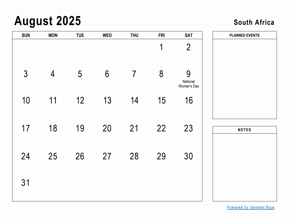 August 2025 Planner with South Africa Holidays