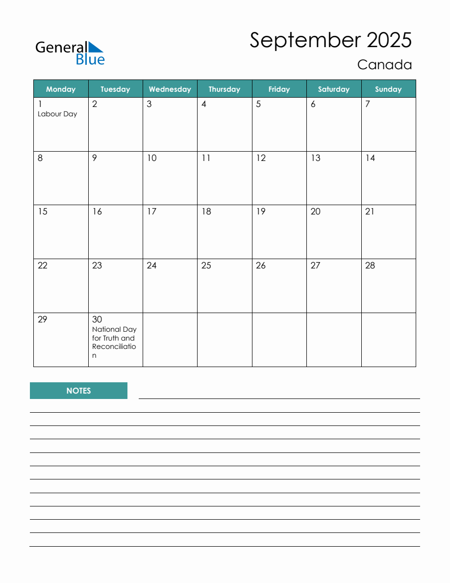 Monthly Planner with Canada Holidays September 2025