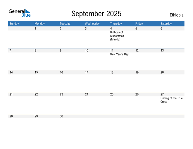 September 2025 Calendar with Ethiopia Holidays