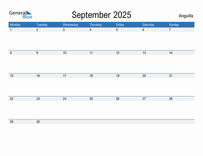 Editable September 2025 Calendar with Anguilla Holidays