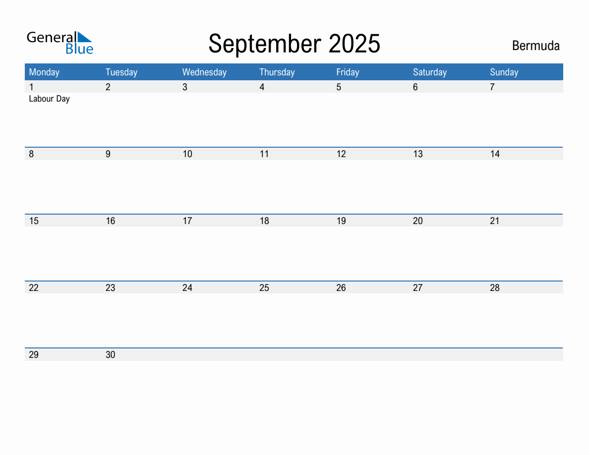 Editable September 2025 Calendar with Bermuda Holidays