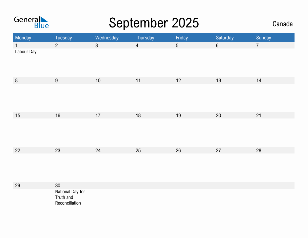 Editable September 2025 Calendar with Canada Holidays