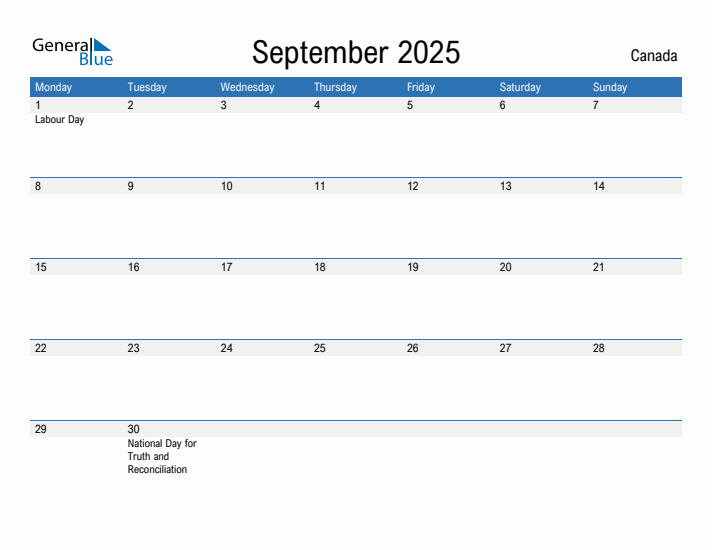 September 2025 Canada Monthly Calendar with Holidays