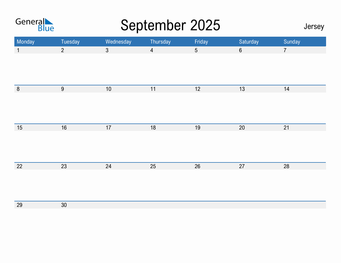 Editable September 2025 Calendar with Jersey Holidays