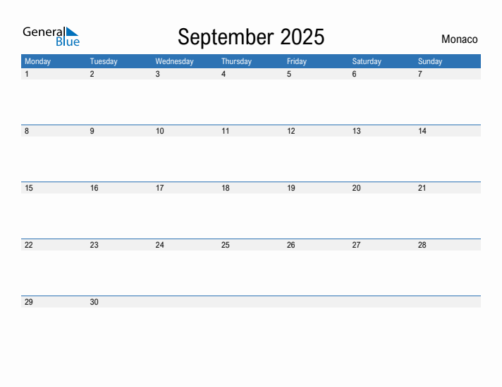 Editable September 2025 Calendar with Monaco Holidays