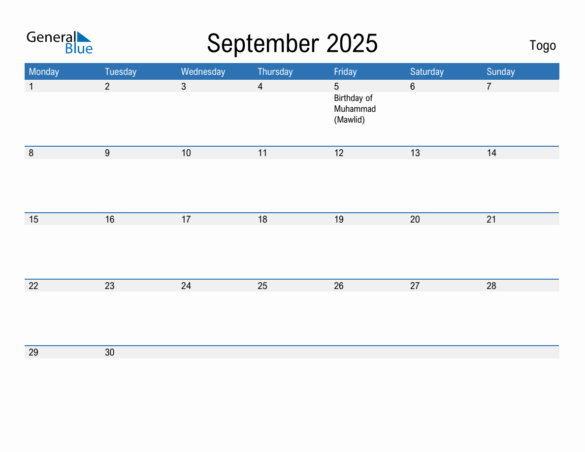 Editable September 2025 Calendar with Togo Holidays