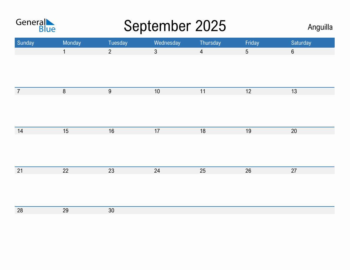 Editable September 2025 Calendar with Anguilla Holidays