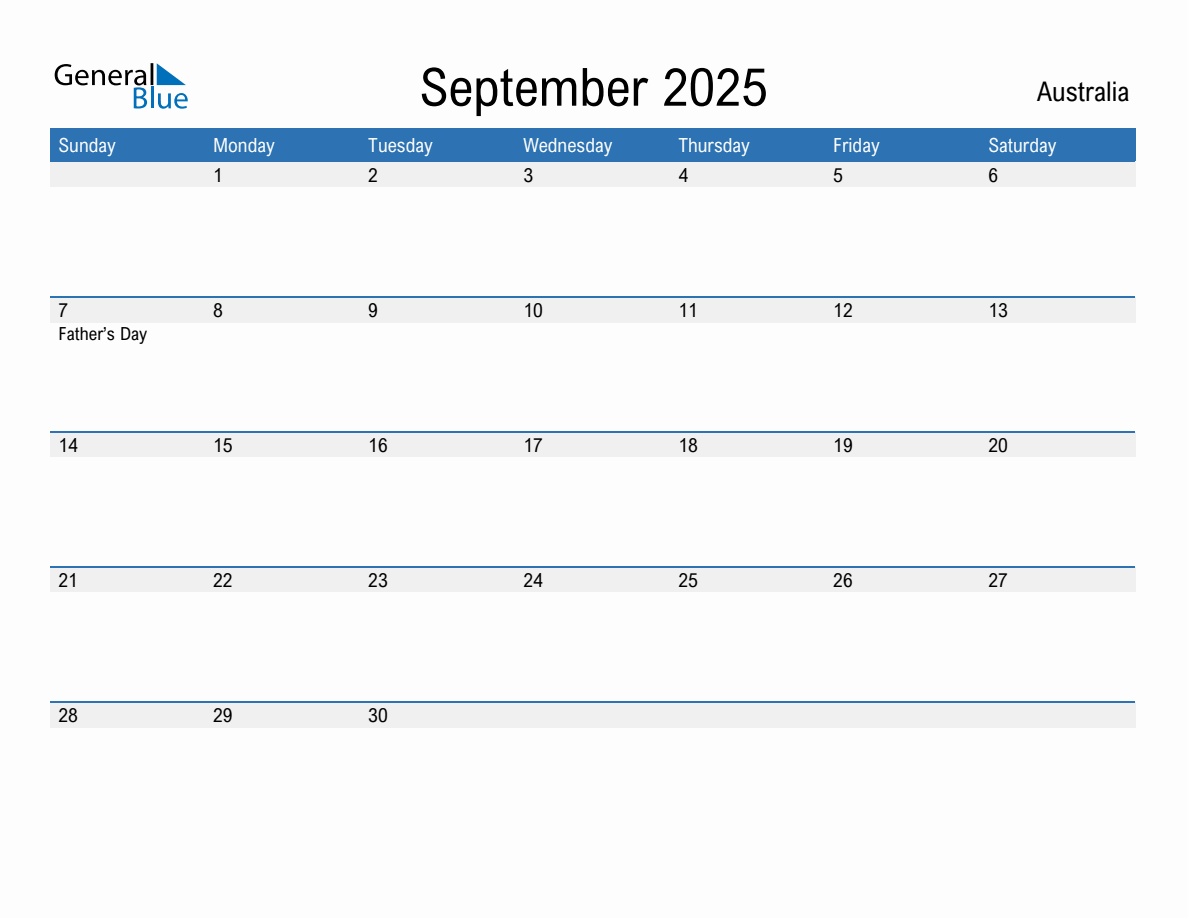 Editable September 2025 Calendar with Australia Holidays