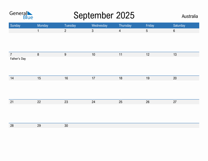 Editable September 2025 Calendar with Australia Holidays