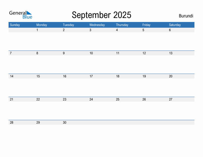 Editable September 2025 Calendar with Burundi Holidays