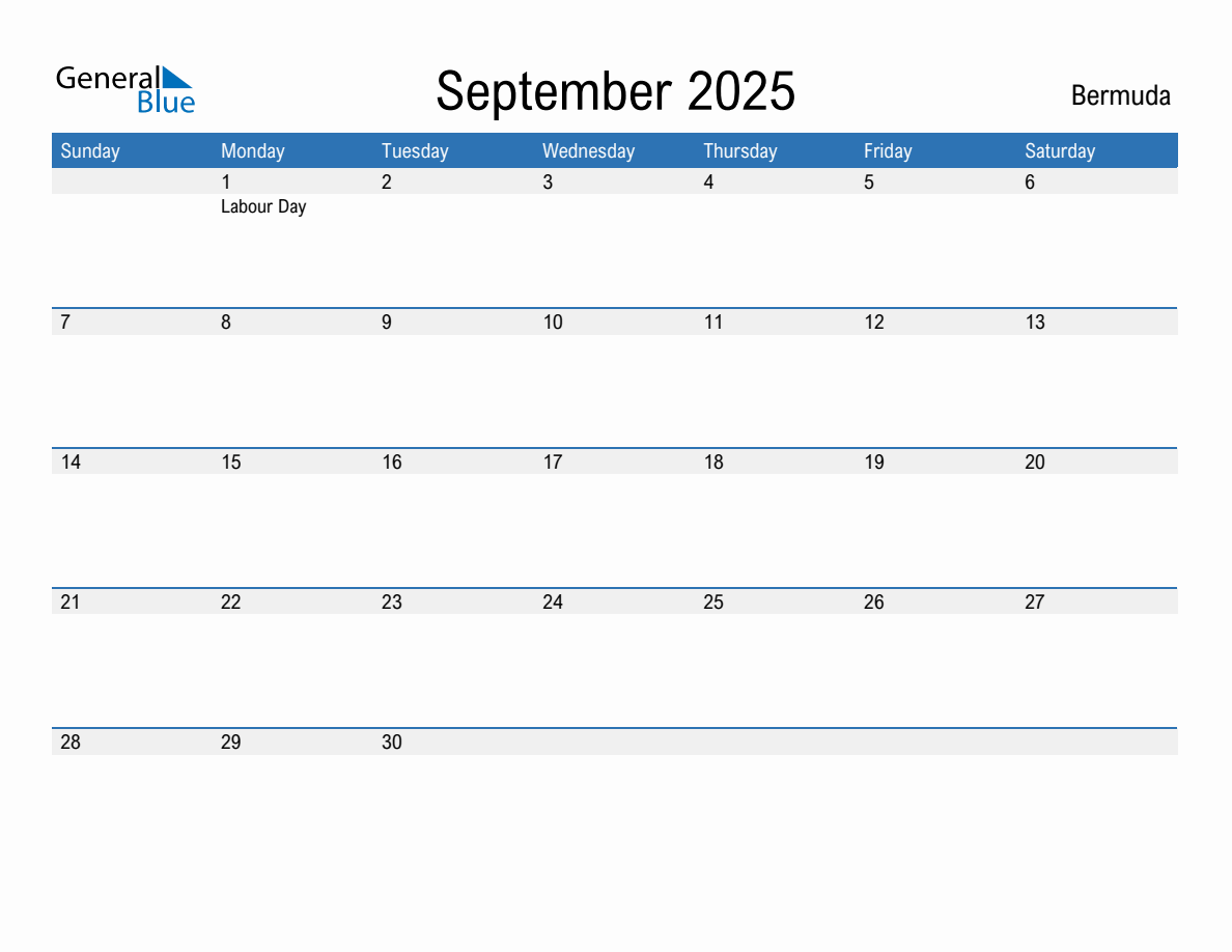 Editable September 2025 Calendar with Bermuda Holidays