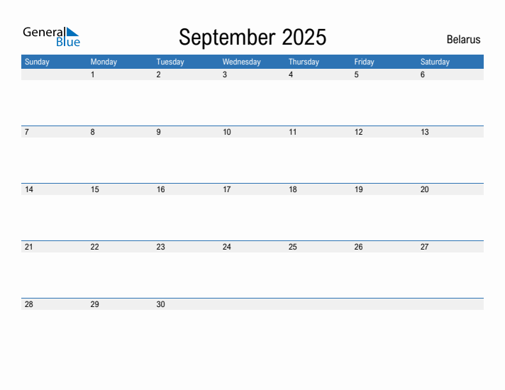 Editable September 2025 Calendar with Belarus Holidays