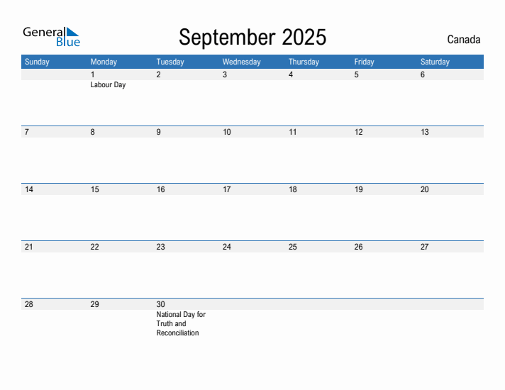 September 2025 Monthly Calendar with Canada Holidays