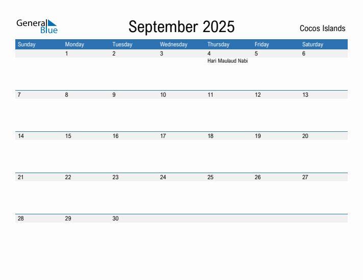 Editable September 2025 Calendar with Cocos Islands Holidays
