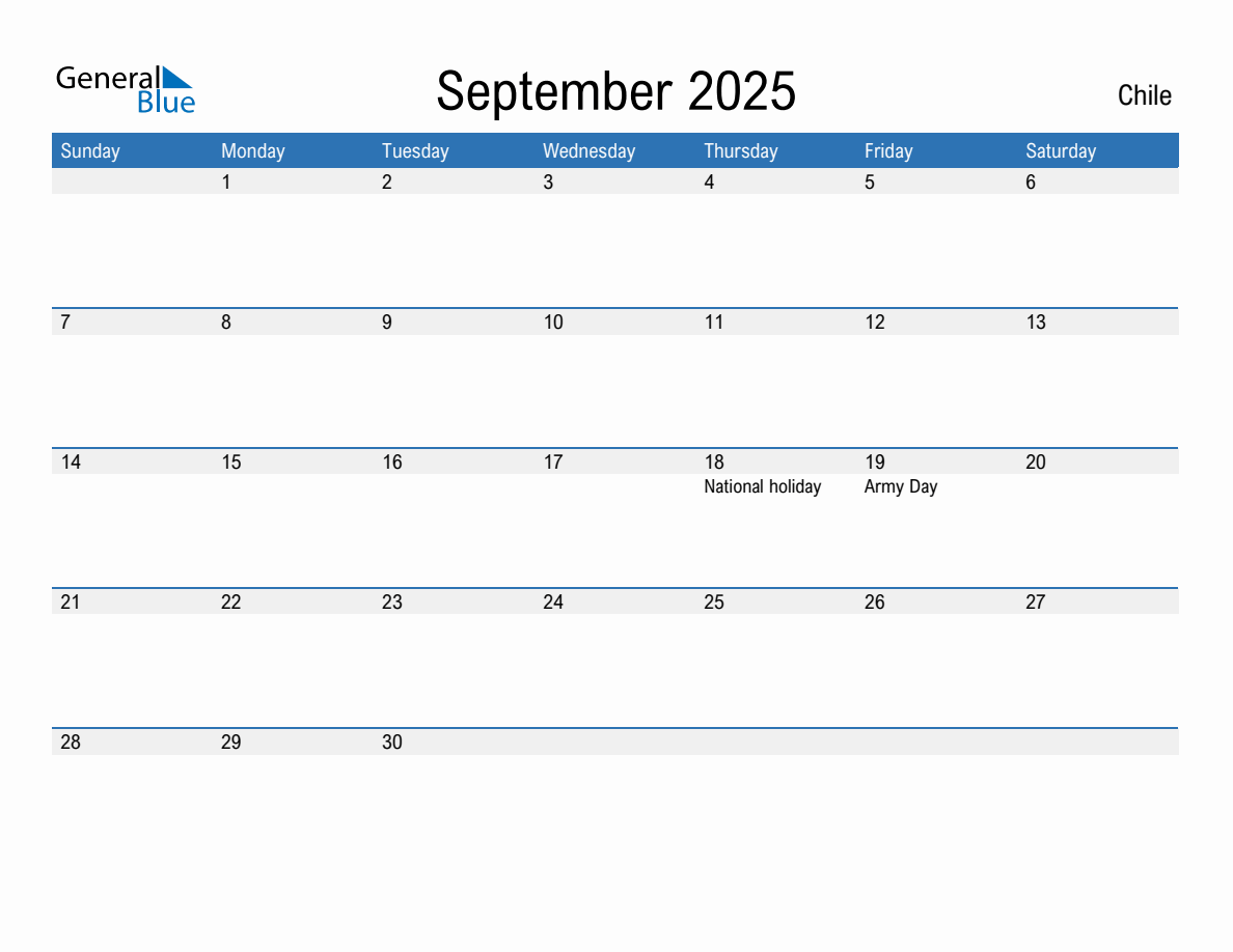 Editable September 2025 Calendar with Chile Holidays