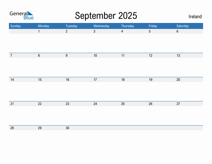 Editable September 2025 Calendar with Ireland Holidays