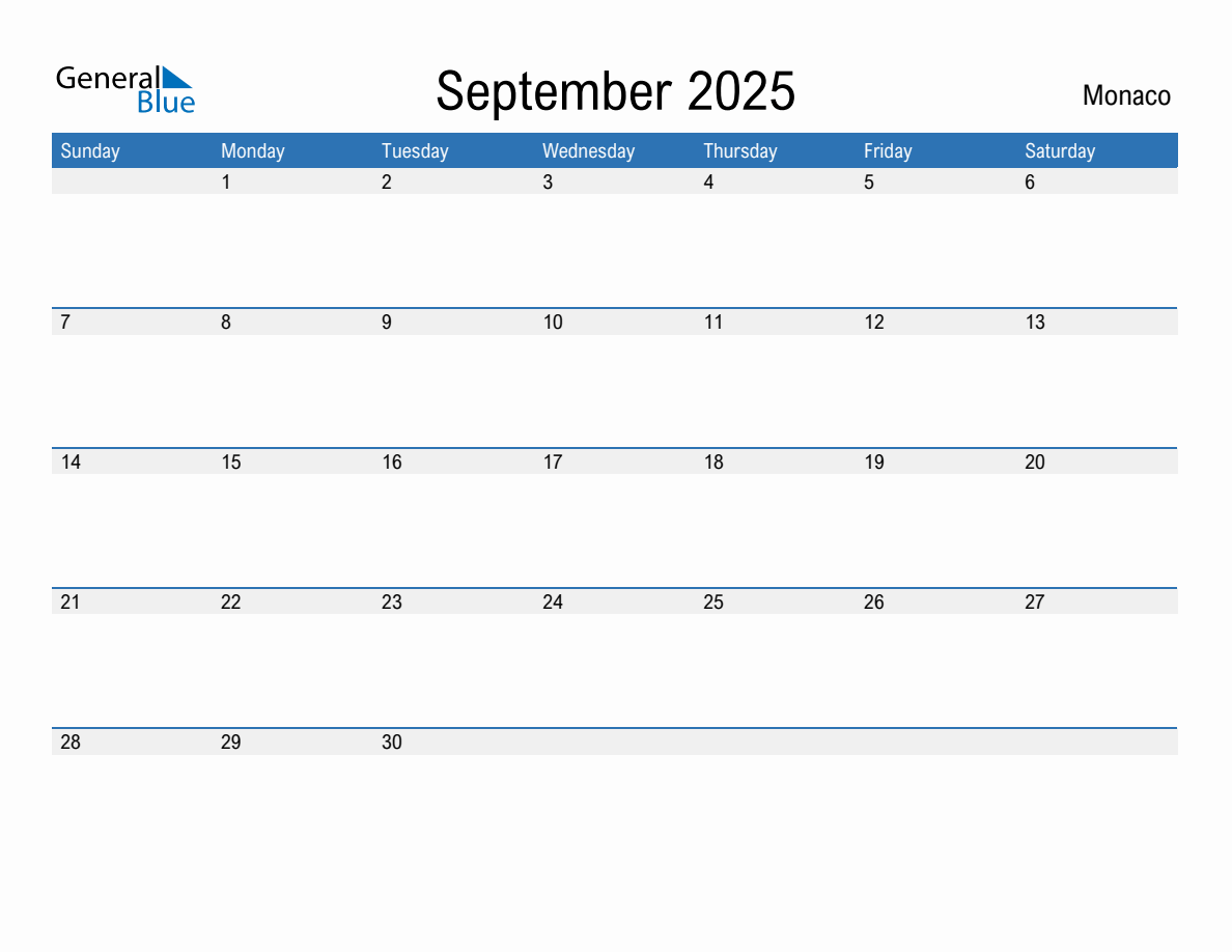 Editable September 2025 Calendar with Monaco Holidays