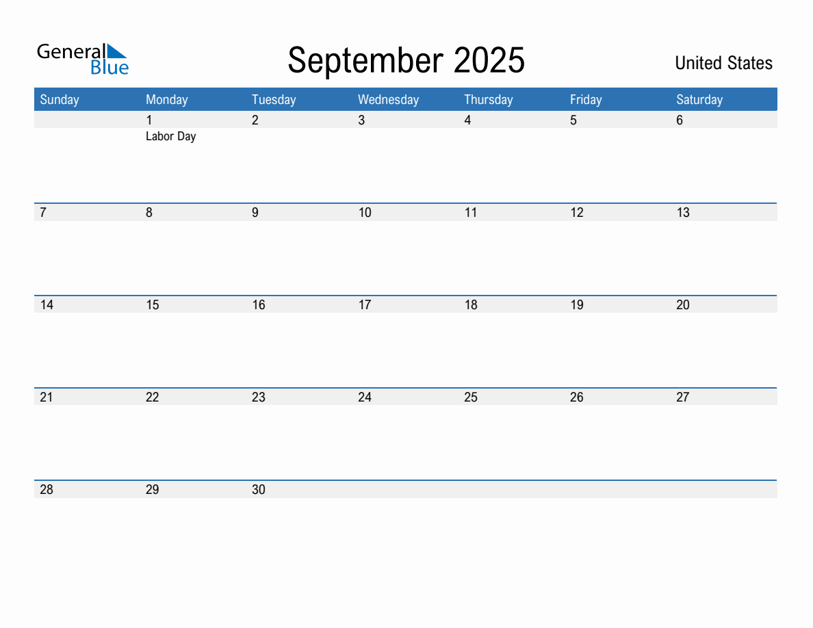 September 2025 Monthly Calendar with United States Holidays