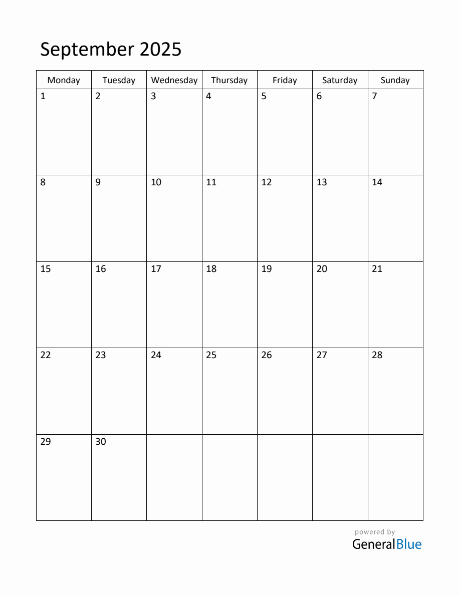 Editable September 2025 Monthly Calendar