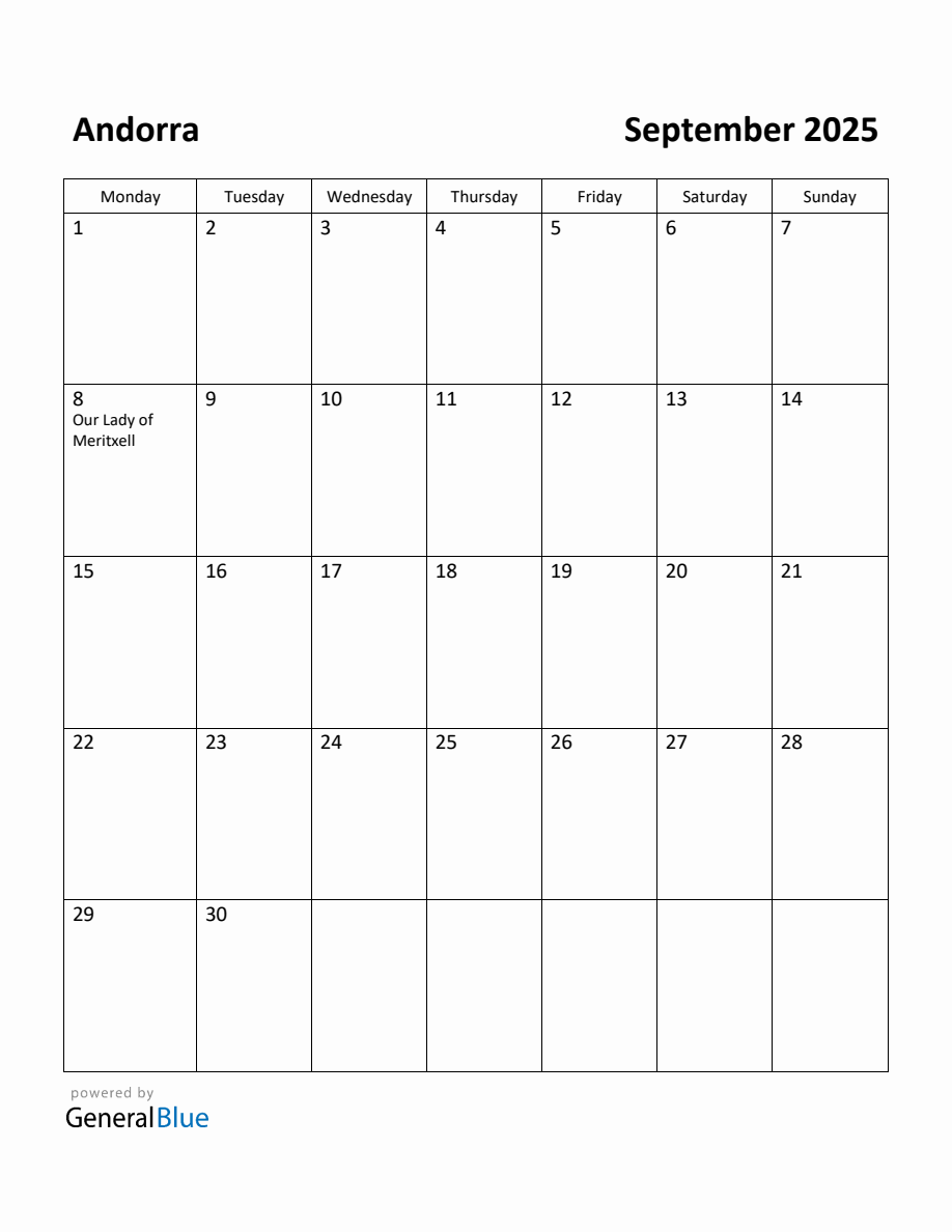 Free Printable September 2025 Calendar for Andorra