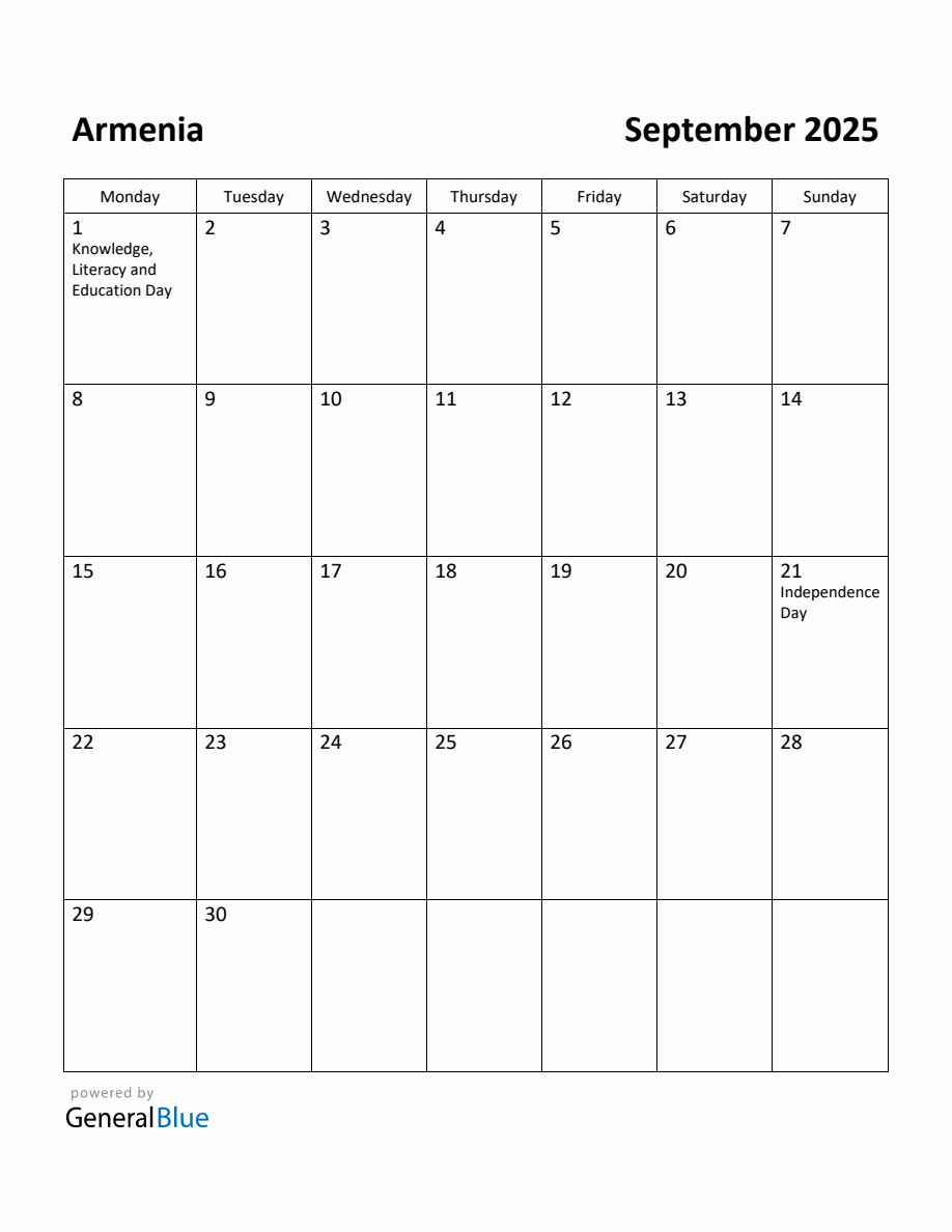 Free Printable September 2025 Calendar for Armenia