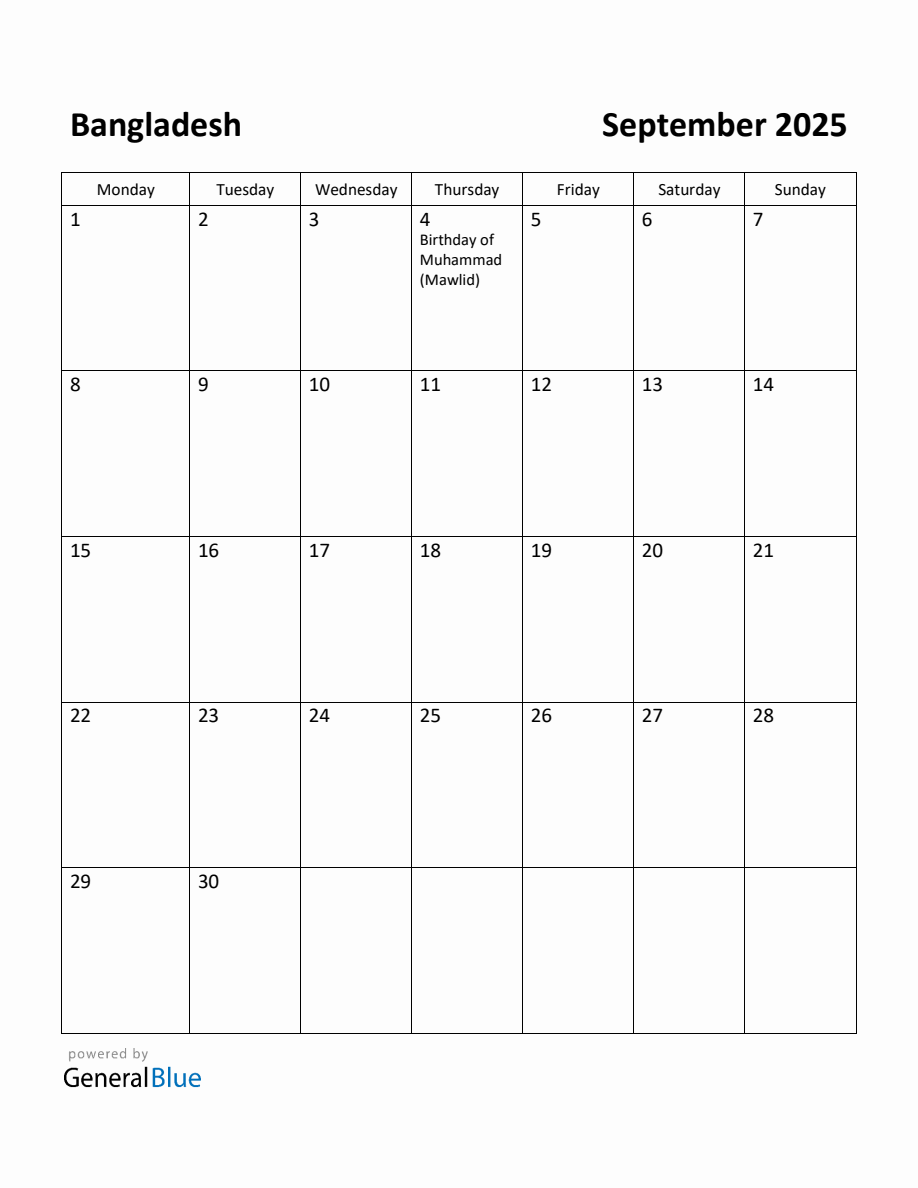 Free Printable September 2025 Calendar for Bangladesh