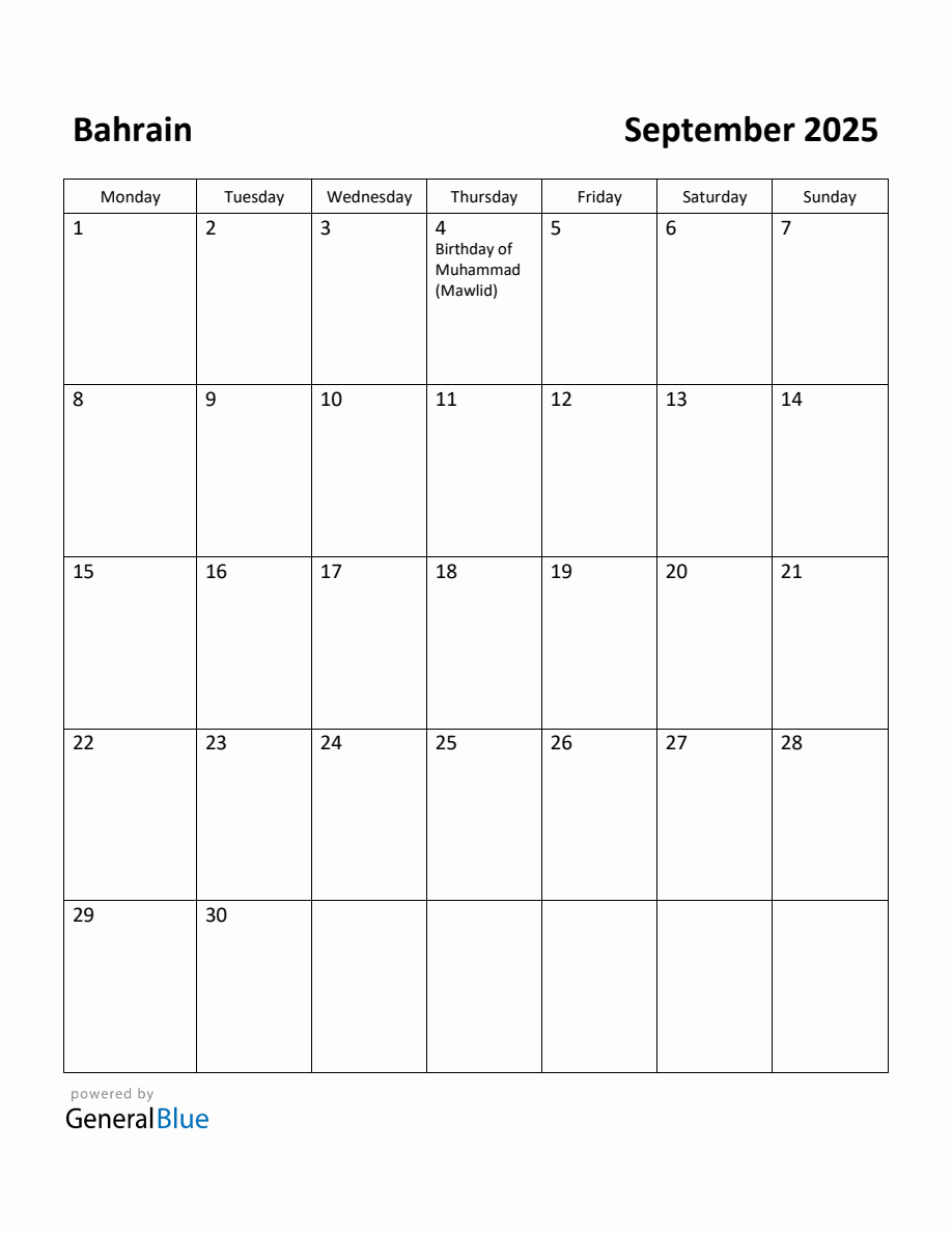 Free Printable September 2025 Calendar for Bahrain